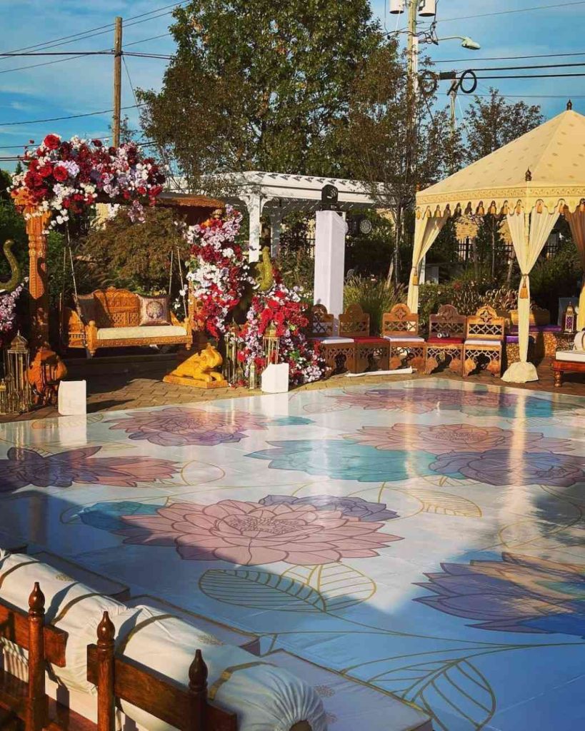 Wedding reception featuring custom vinyl dance floor graphics